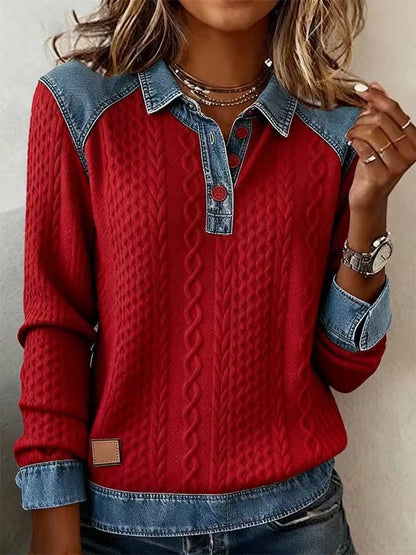 European And American Style Knitted Lapel Long-Sleeve Shirt For Women