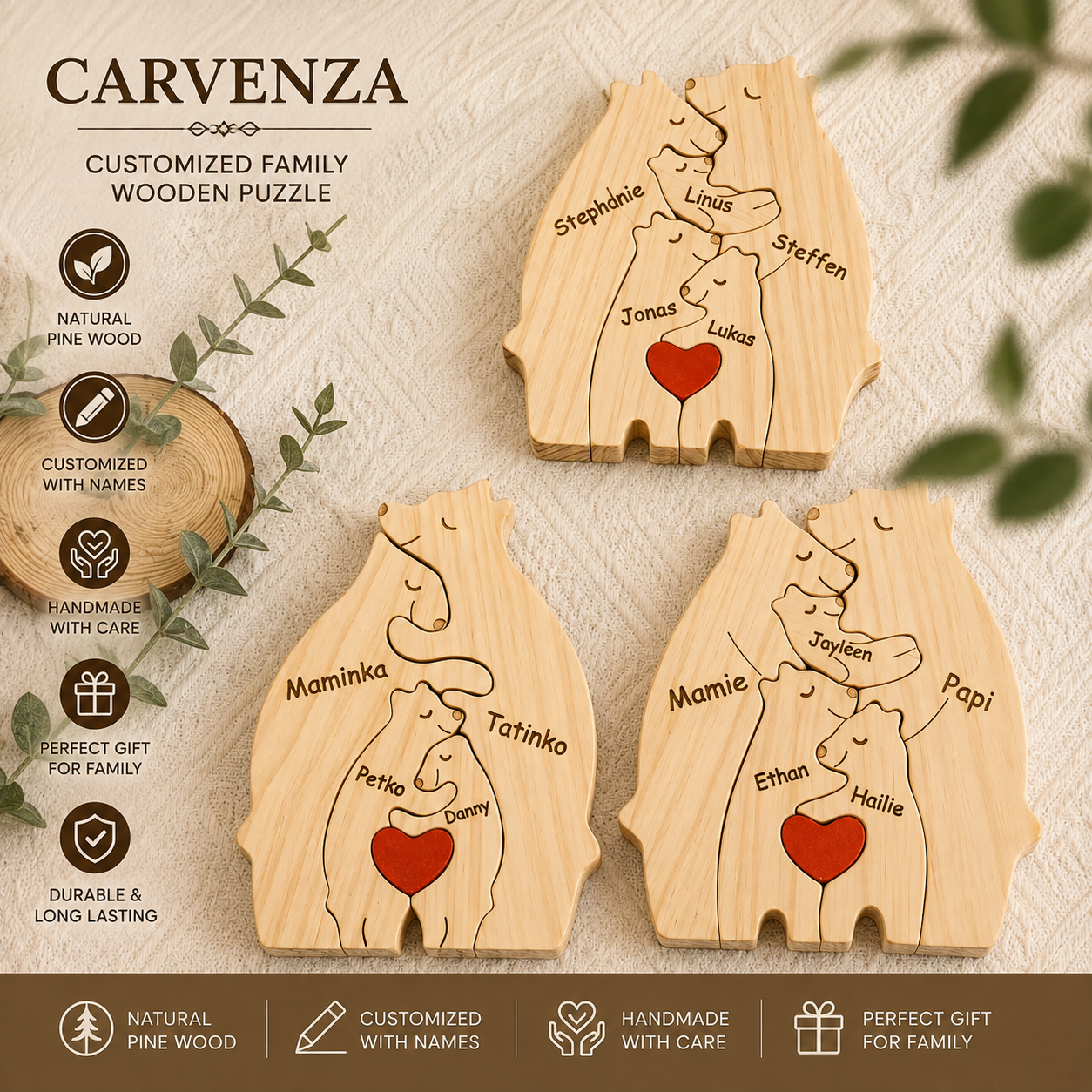 Art Wooden Bear Family Puzzle Personalized Name Custom Home Decor