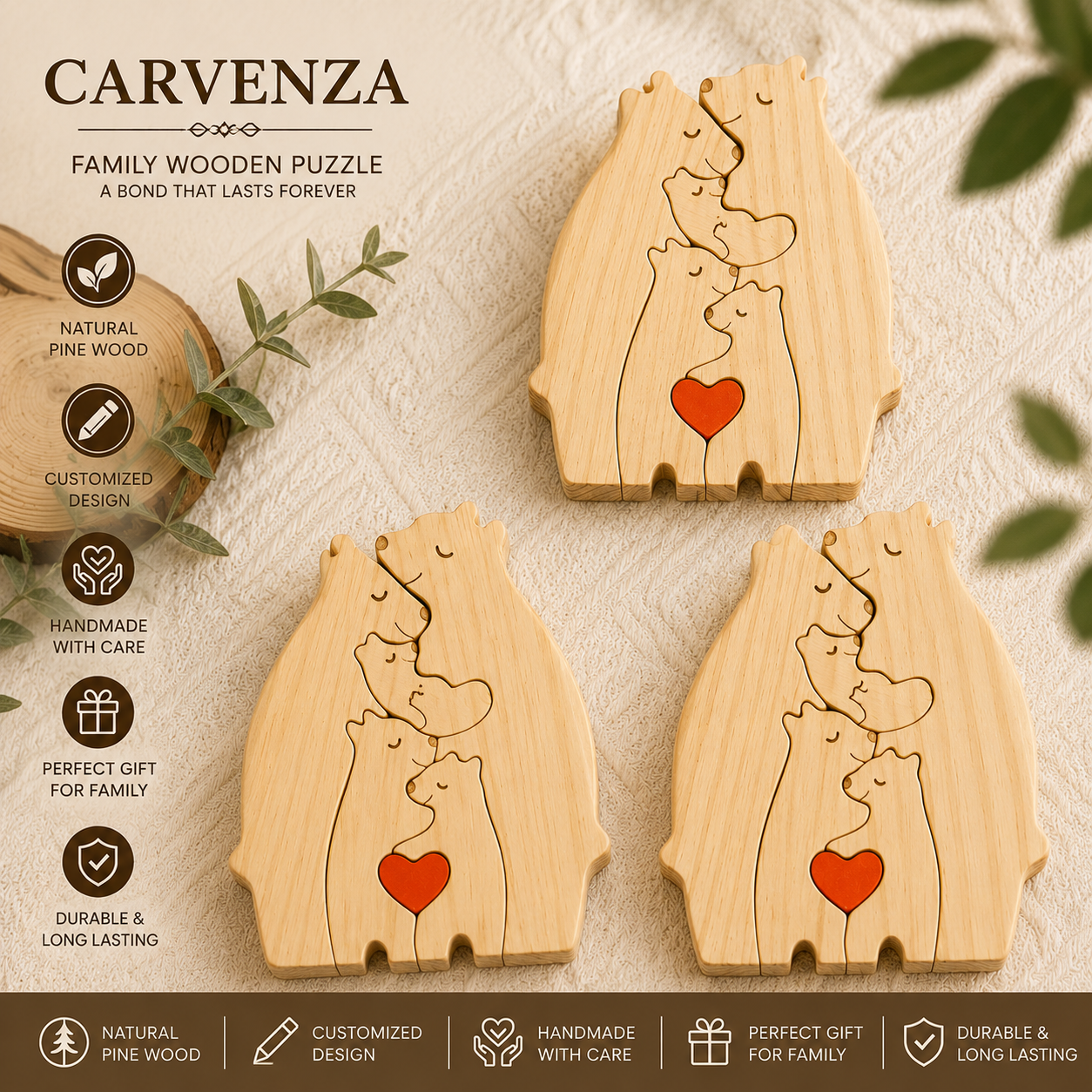 Art Wooden Bear Family Puzzle Personalized Name Custom Home Decor