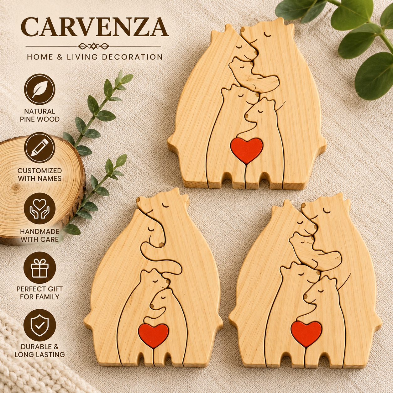 Art Wooden Bear Family Puzzle Personalized Name Custom Home Decor