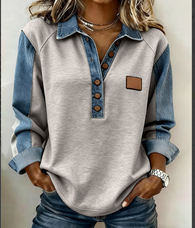 European And American Style Knitted Lapel Long-Sleeve Shirt For Women